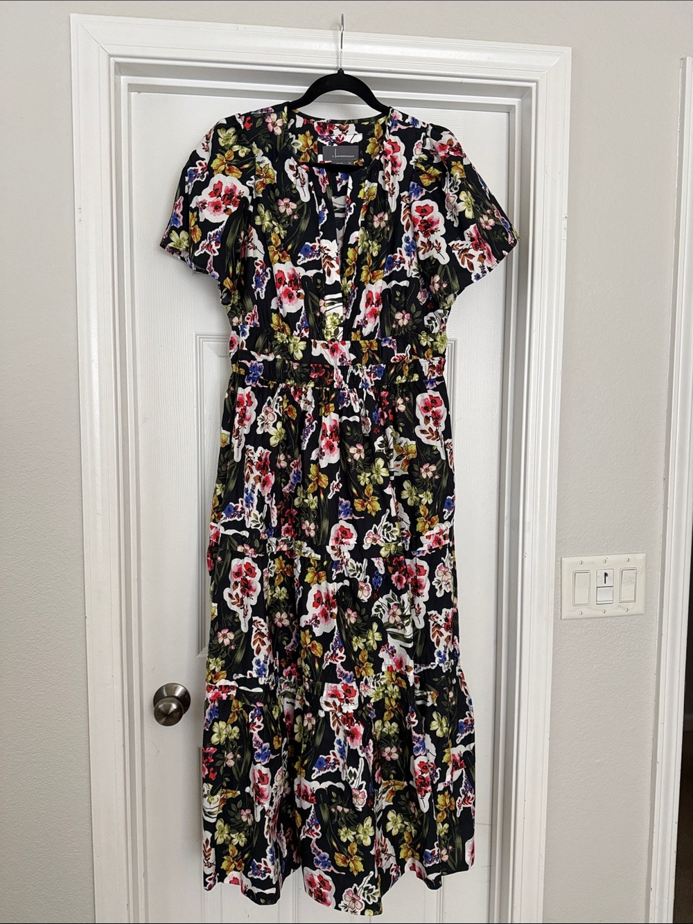 Anthropologie Black Floral Maxi Dress with Pink & Green Blooms